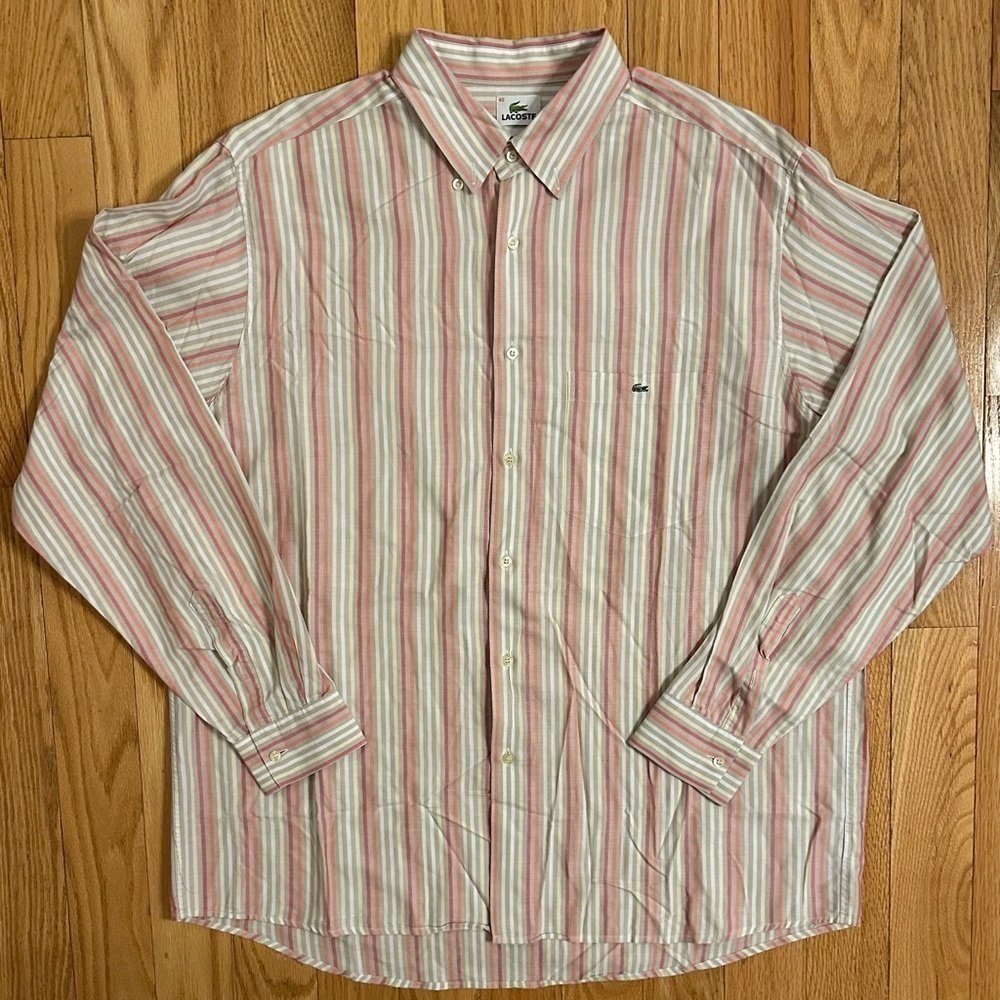 Lacoste striped button-up men’s shirt collared long sleeve sz 45 XL